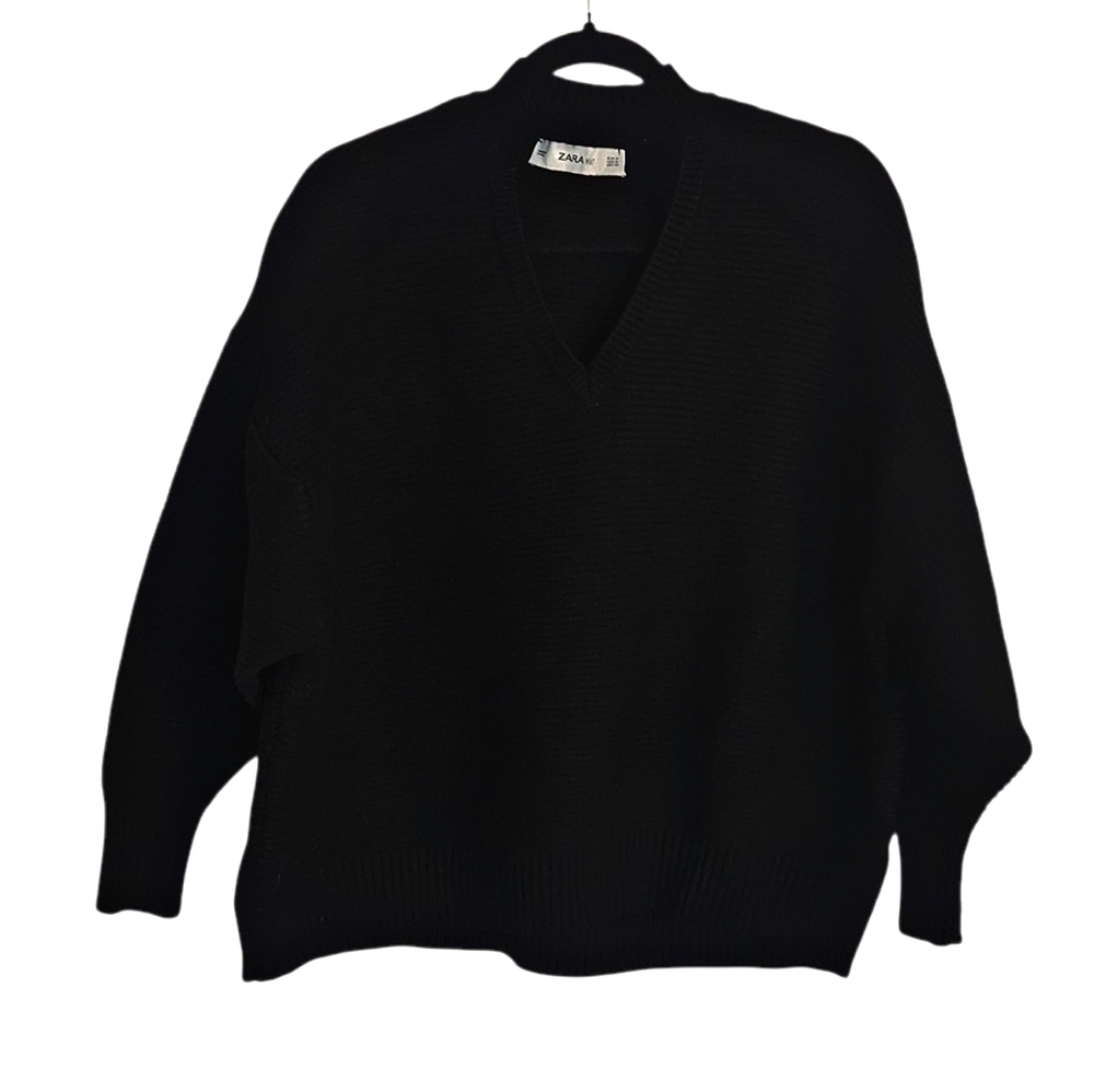 Zara Womens Black Knit Long Sleeve V-neck Ribbed Oversized Sweater size Medium